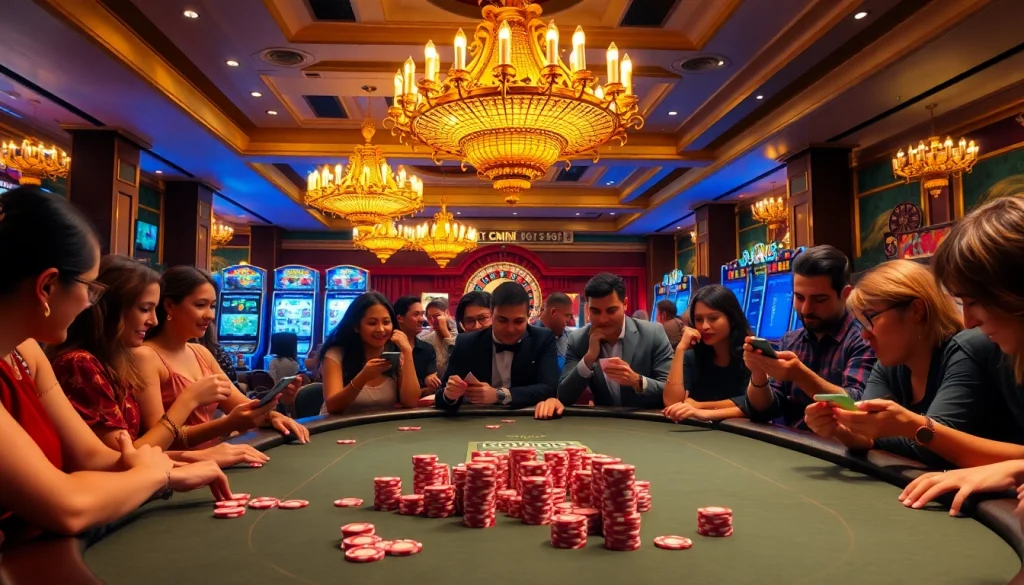 Experience the excitement of "rr88 đăng nhập" as players engage at a vibrant casino poker table filled with chips and cards.