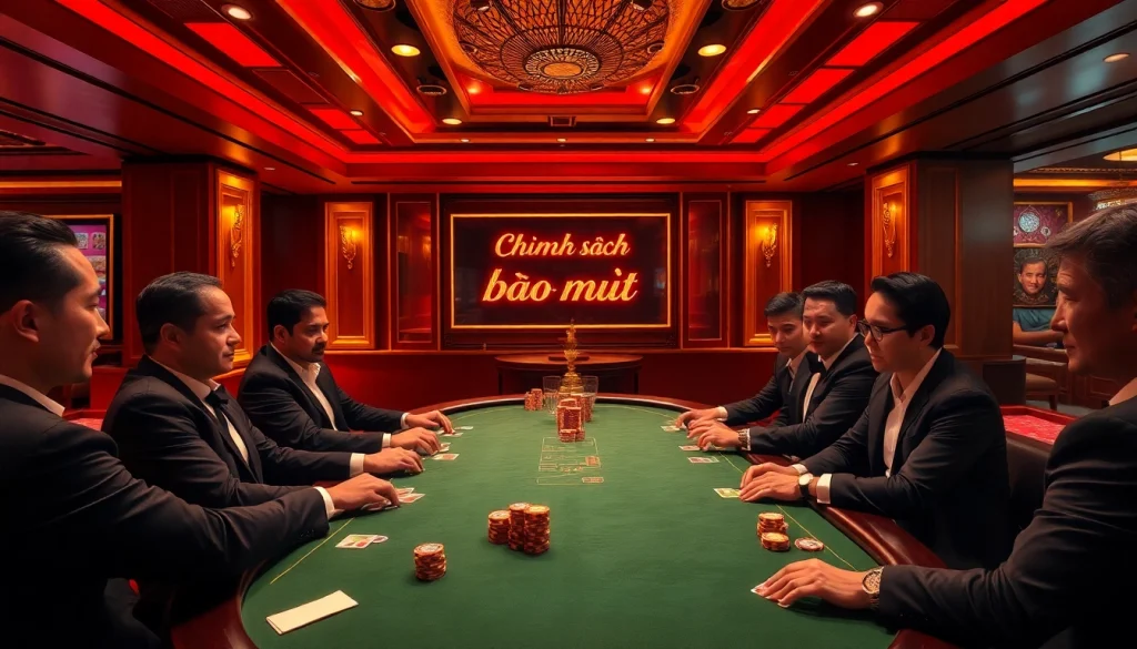 High-stakes poker players engaging under 'Chính sách bảo mật' signage, emphasizing secure gambling.